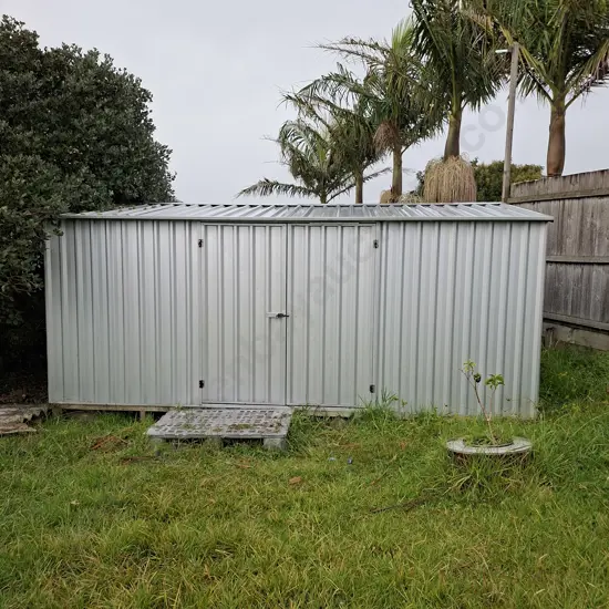 SHED #2: 4.6M X 3.15M GALVANISED PITCHED ROOF SHED WITH 1 SET OF DOUBLE DOORS AND CLEAR LIGHT PANELS