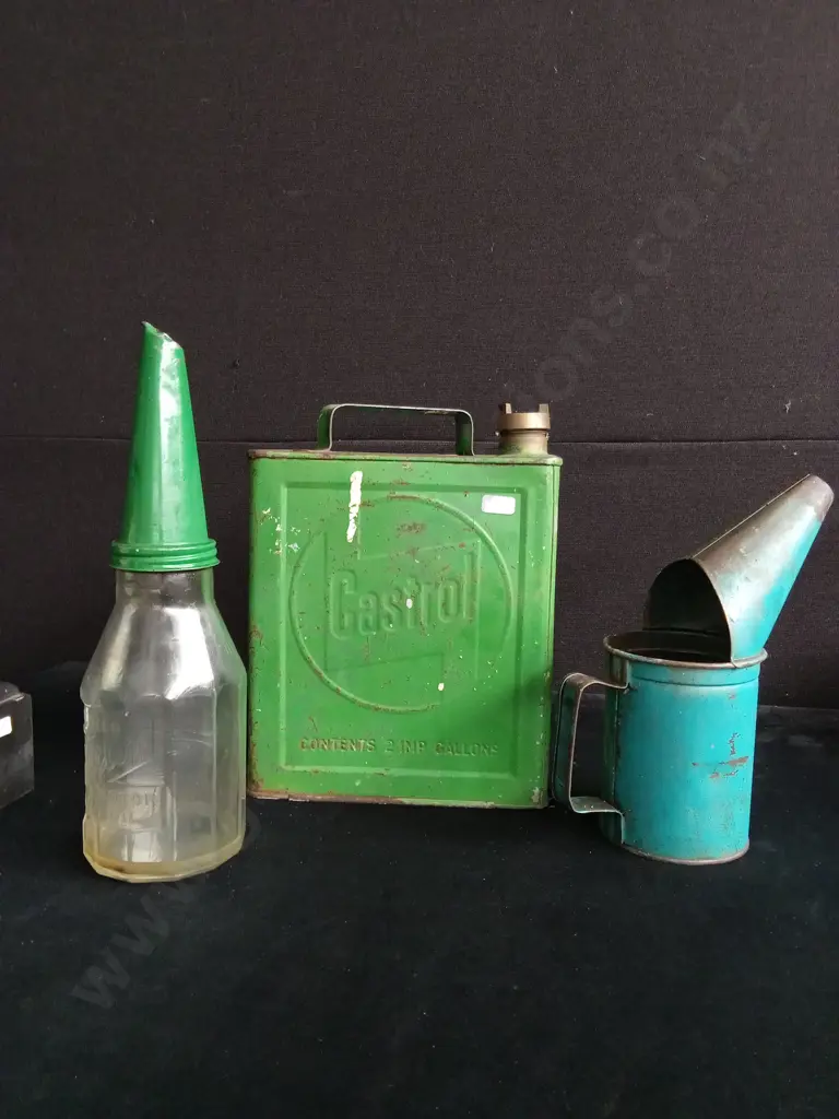 VINTAGE AUTOMOBILIA, CASTROL OIL GLASS BOTTLE WITH SPOUT, CASTROL 2 GALLON CAN PLUS SMALLER OIL CAN Image 1++
