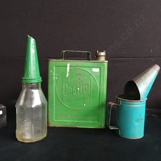 VINTAGE AUTOMOBILIA, CASTROL OIL GLASS BOTTLE WITH SPOUT, CASTROL 2 GALLON CAN PLUS SMALLER OIL CAN