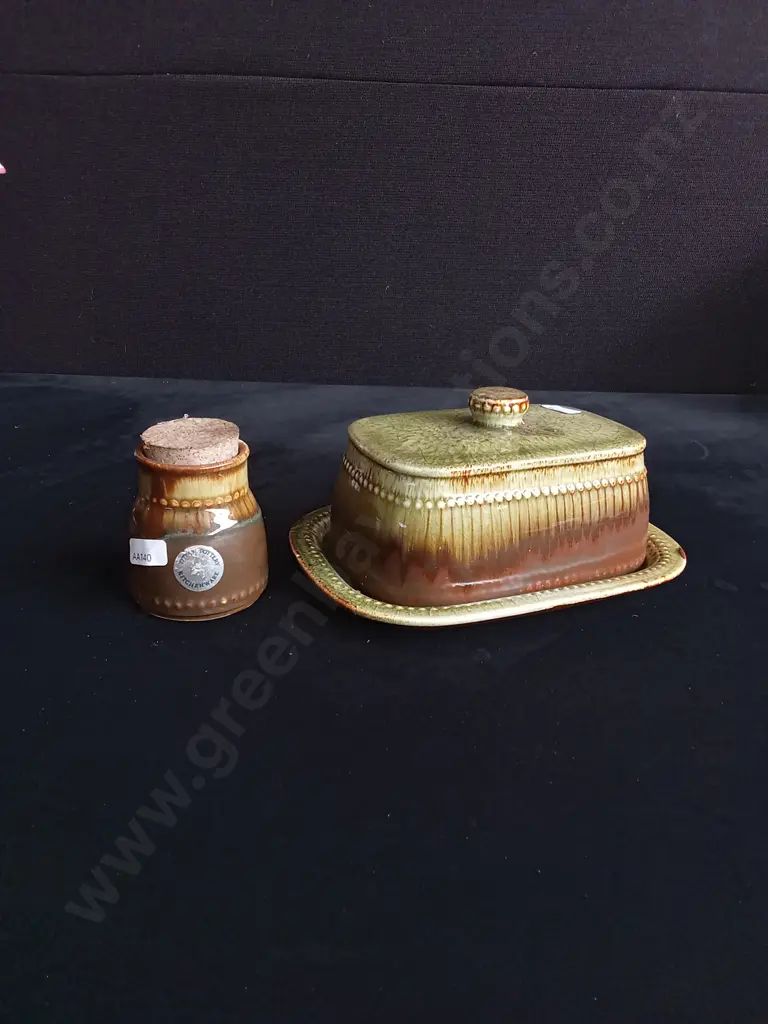 2 PIECES TITIAN POTTERY BUTTER DISH AND JAR Image 1++