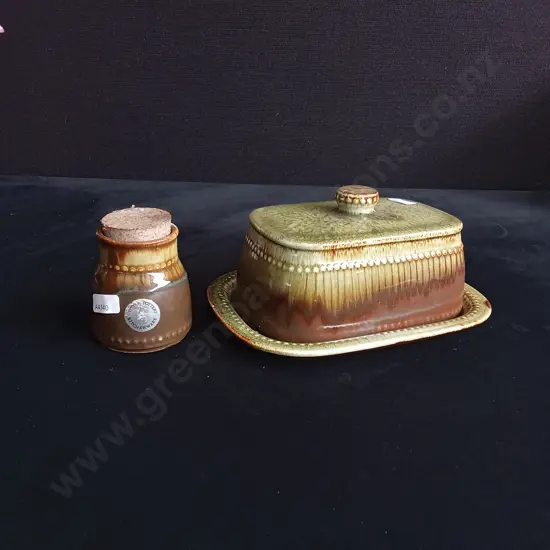 2 PIECES TITIAN POTTERY BUTTER DISH AND JAR