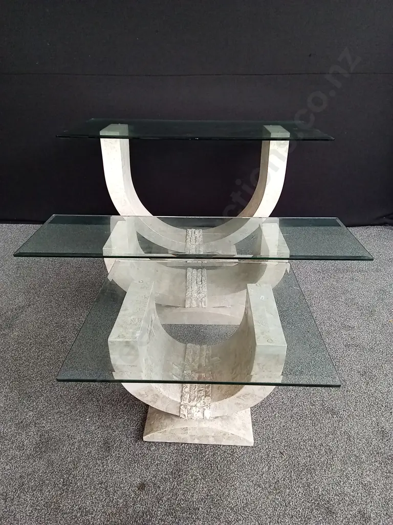 3 MATCHING GLASS TOP TABLES LARGEST GLASS IS 1.5M WIDE AND TALLEST TABLE IS 80CM TALL Image 1++