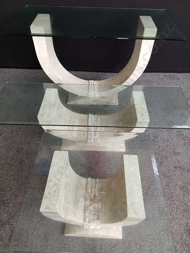 3 MATCHING GLASS TOP TABLES LARGEST GLASS IS 1.5M WIDE AND TALLEST TABLE IS 80CM TALL Image 1++