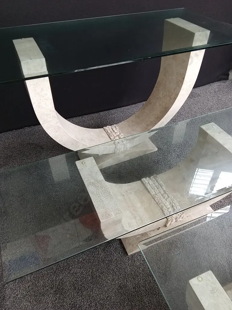 3 MATCHING GLASS TOP TABLES LARGEST GLASS IS 1.5M WIDE AND TALLEST TABLE IS 80CM TALL Image 1++