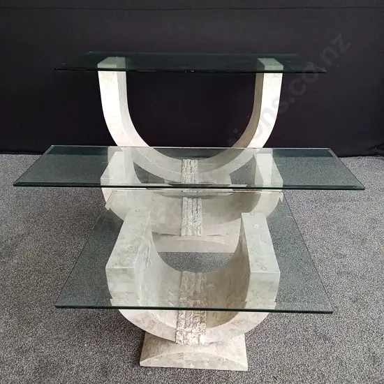 3 MATCHING GLASS TOP TABLES LARGEST GLASS IS 1.5M WIDE AND TALLEST TABLE IS 80CM TALL