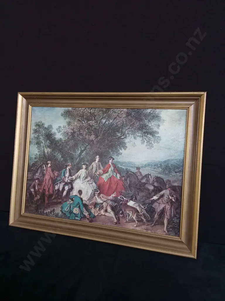 FRAMED REPRODUCTION OF PICNIC AFTER THE HUNT BY NICOLAS LANCRET H 61CM X 80CM W Image 1++