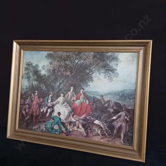FRAMED REPRODUCTION OF PICNIC AFTER THE HUNT BY NICOLAS LANCRET H 61CM X 80CM W