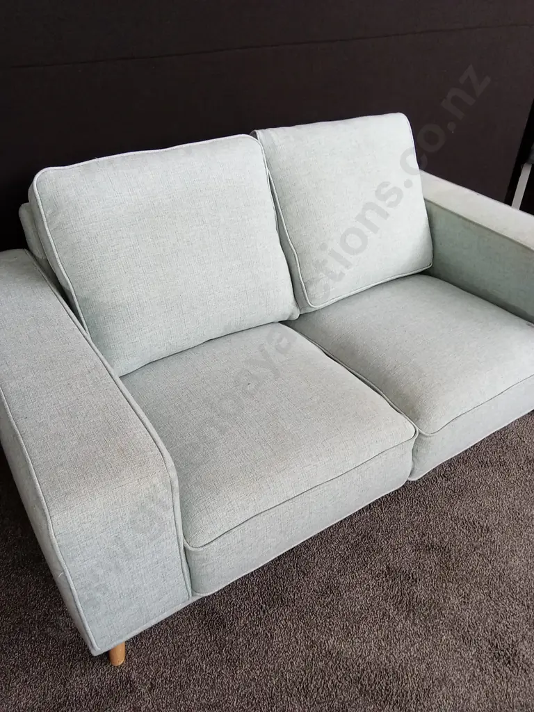 TWO SEATER BLUE FABRIC COUCH - COMFORTABLE BUT STAINED SO REQUIRES CLEAN. 1.65M WIDE Image 1++