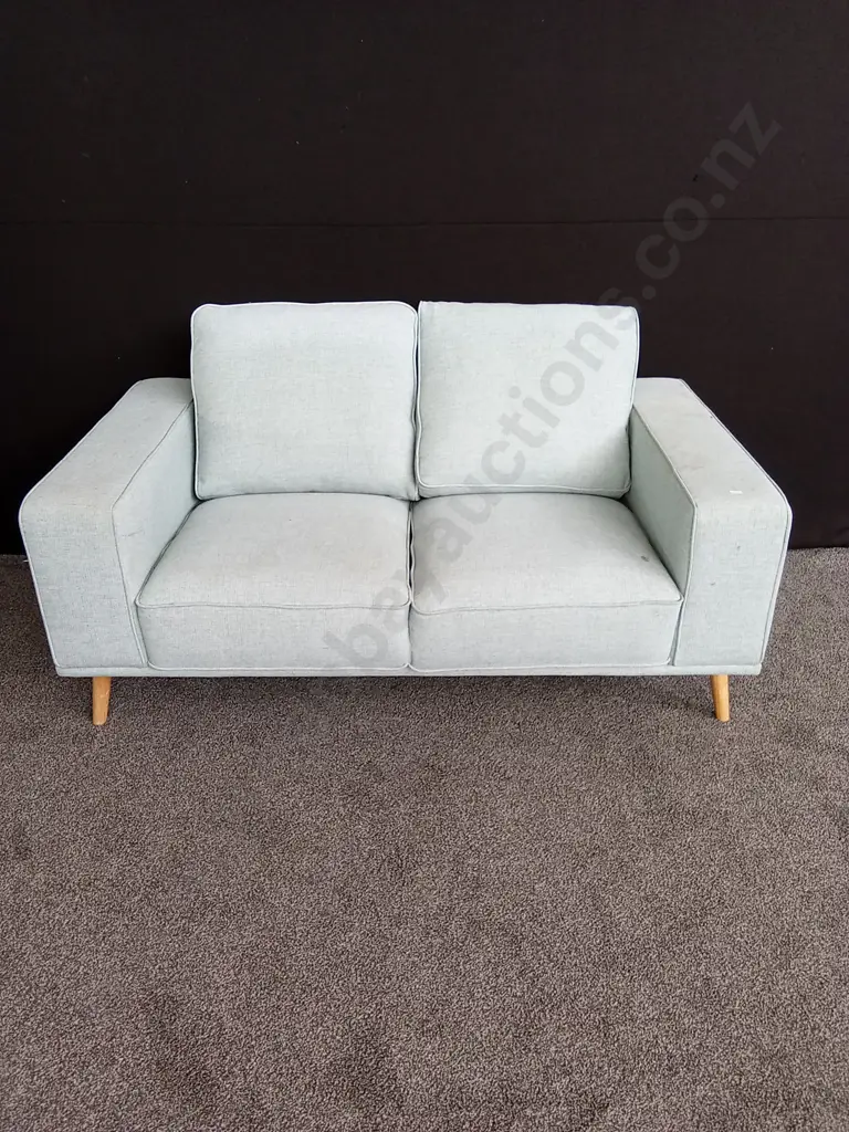TWO SEATER BLUE FABRIC COUCH - COMFORTABLE BUT STAINED SO REQUIRES CLEAN. 1.65M WIDE Image 1++