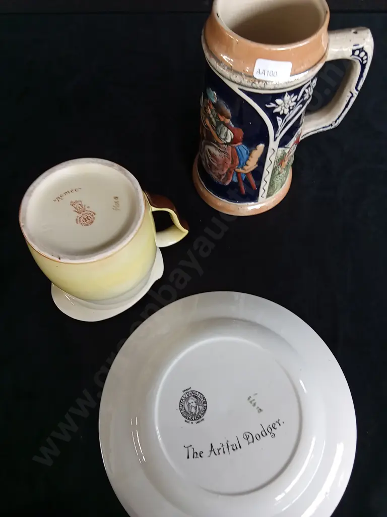 3 PIECES CERAMICS, INCLUDING GERMAN BEER JUG, ROYAL DOULTON PLATE AND JUG Image 1++