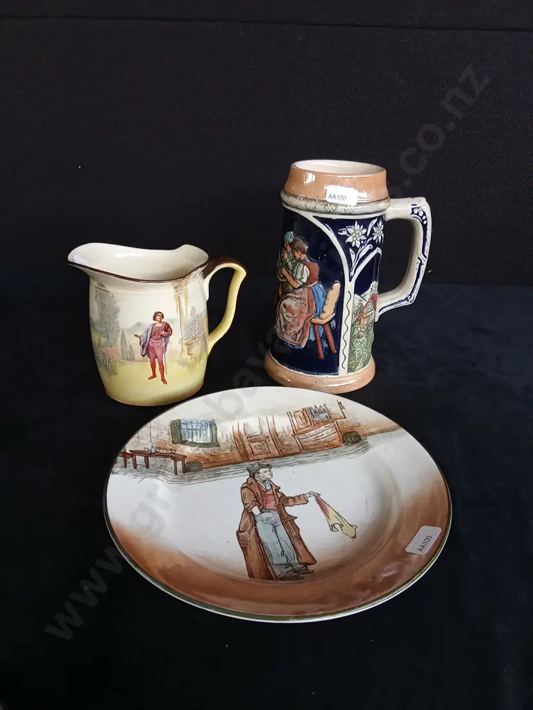 3 PIECES CERAMICS, INCLUDING GERMAN BEER JUG, ROYAL DOULTON PLATE AND JUG Image 1++