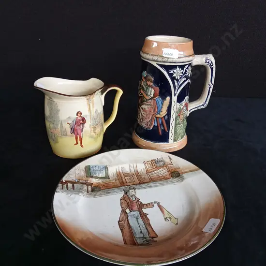 3 PIECES CERAMICS, INCLUDING GERMAN BEER JUG, ROYAL DOULTON PLATE AND JUG