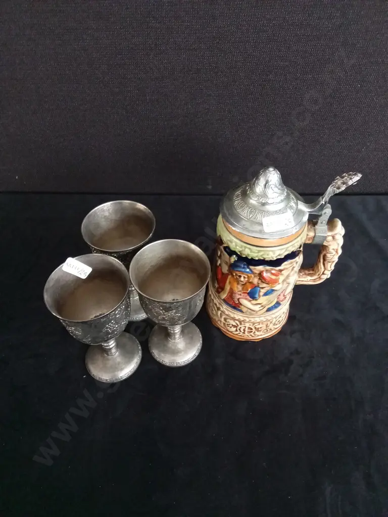 MUSICAL BEER STEIN AND THREE SILVER GOBLETS Image 1++