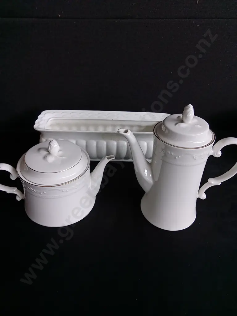 3 PIECES, TEA AND COFFEE POTS AND CERAMIC PLANTER Image 1++
