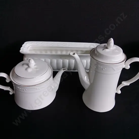 3 PIECES, TEA AND COFFEE POTS AND CERAMIC PLANTER