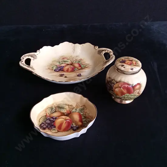 3 PIECES ORCHARD GOLD BONE CHINA SET, LARGE PLATE IS CRACKED