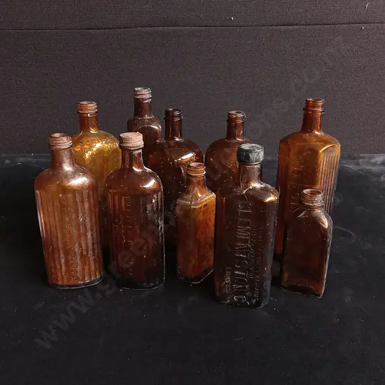 10 VINTAGE AMBER SCREW TOP GLASS BOTTLES