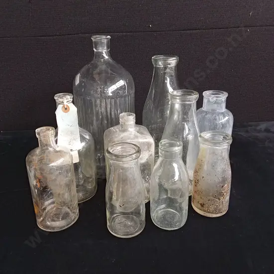 10 VINTAGE CLEAR GLASS BOTTLES