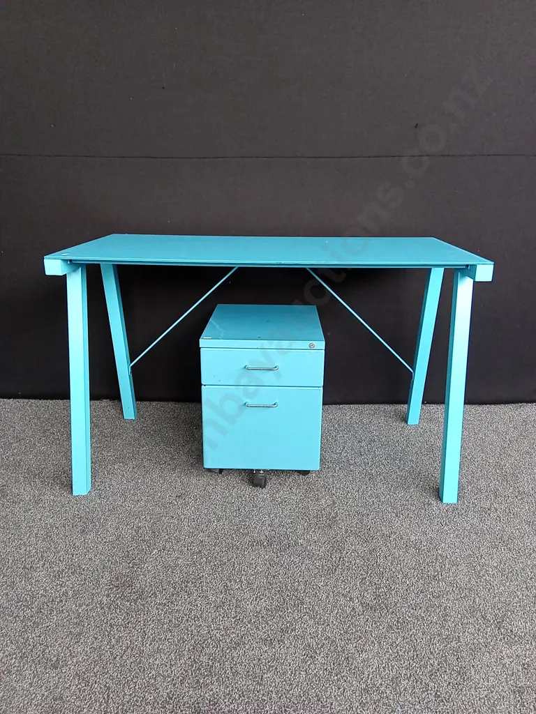 BLUE STUDENT DESK WITH UNDER DRAWER MOBILE  APPROX 1.25M WIDE X 0.65M DEEP X 0.77 HIGH Image 1++