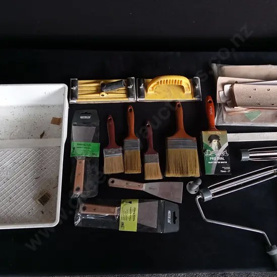 ASSORTED PAINT BRUSHES SAND PAPER AND OTHER ITEMS