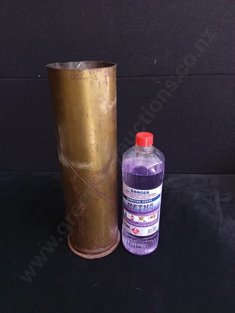 VINTAGE BRASS ARTILLERY SHELL CASTING AND METHYLATED SPIRITS Image 1++