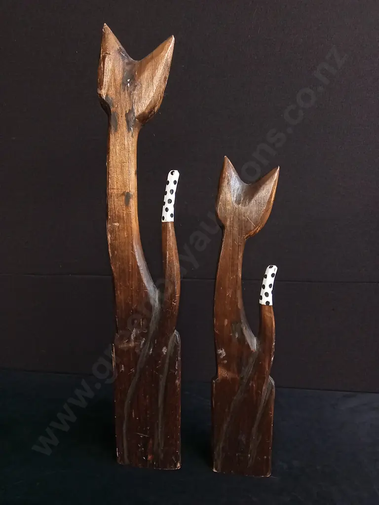2 HANDMADE WOODEN CAT FIGURINES Image 1++