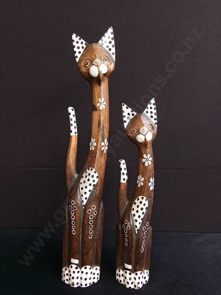 2 HANDMADE WOODEN CAT FIGURINES Image 1++
