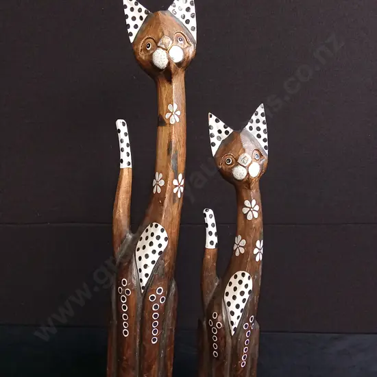 2 HANDMADE WOODEN CAT FIGURINES