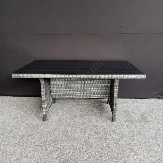 WICKER OUTDOOR TABLE 1.44M X 0.84M WITH GLASS TOP