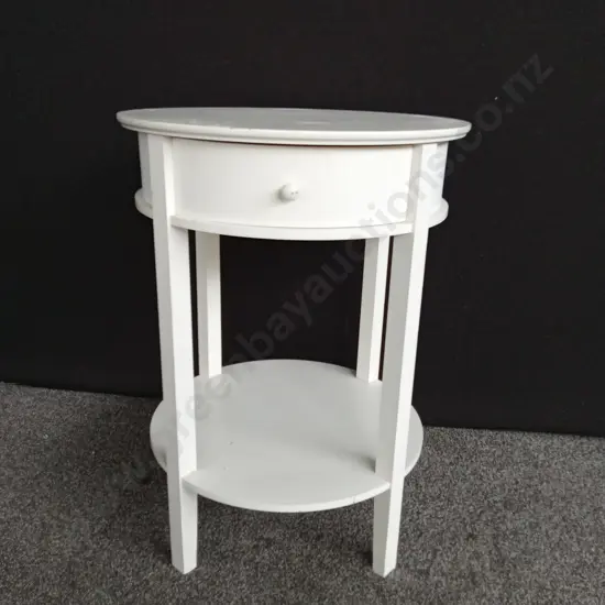 ROUND WHITE WOODEN SIDE TABLE WITH DRAWER H 70CM L 51CM