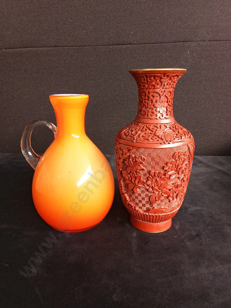 VINTAGE CHINESE RED CINNABAR LACQUER VASE AND ORANGE AND WHITE GLASS VASE Image 1++