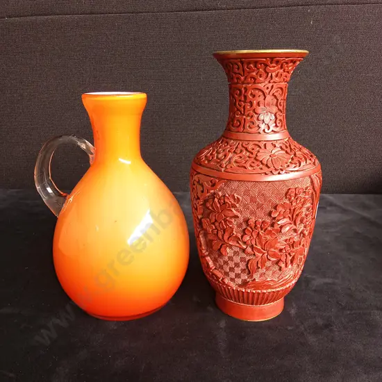 VINTAGE CHINESE RED CINNABAR LACQUER VASE AND ORANGE AND WHITE GLASS VASE