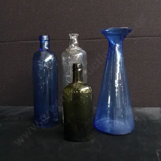 4 PIECES GLASS BOTTLES AND VASE