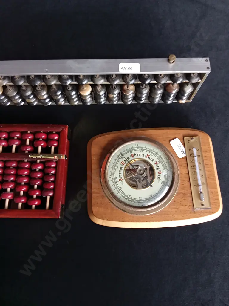 3 PIECES VINTAGE ITEMS CHINESE ABACUSES AND DESK BAROMETER Image 1++