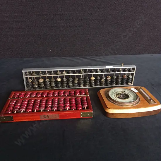 3 PIECES VINTAGE ITEMS CHINESE ABACUSES AND DESK BAROMETER