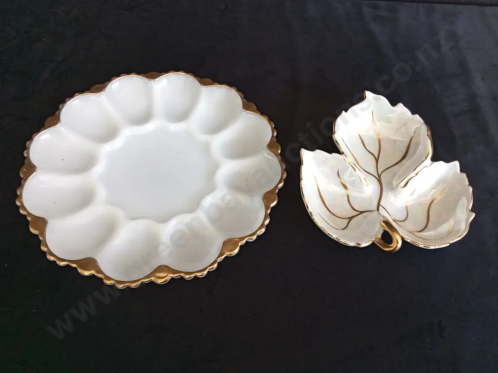 MILK GLASS PLATTER AND IRIDESCENT LEAF PLATTER Image 1++