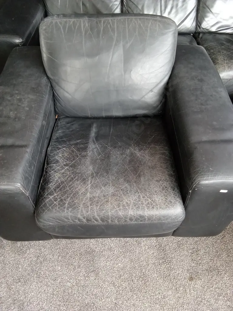 BLACK LEATHER LOUNGE SUITE VERY COMFORTABLE BUT NEEDS RESTORATION - 3 SEATER, 2 SEATER PLUS ARMCHAIR AND FOOT STOOL Image 1++