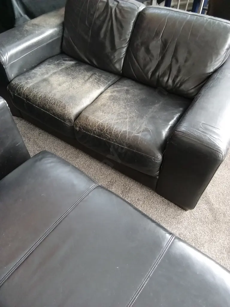 BLACK LEATHER LOUNGE SUITE VERY COMFORTABLE BUT NEEDS RESTORATION - 3 SEATER, 2 SEATER PLUS ARMCHAIR AND FOOT STOOL Image 1++