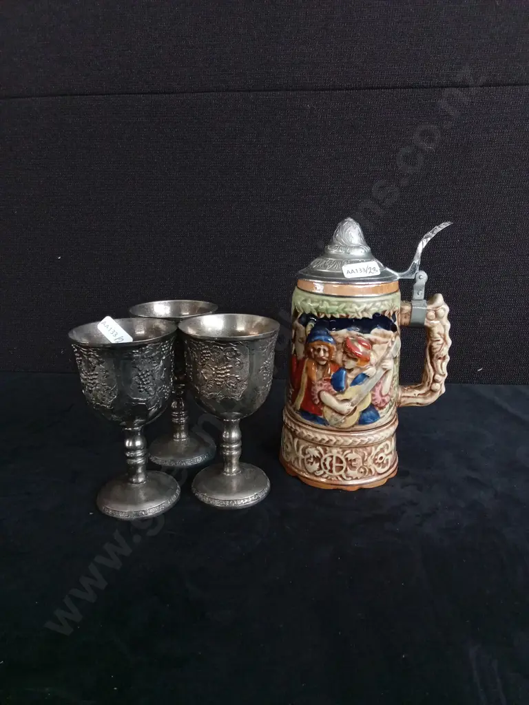 MUSICAL BEER STEIN AND THREE SILVER GOBLETS Image 1++