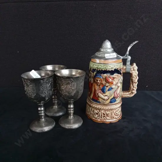 MUSICAL BEER STEIN AND THREE SILVER GOBLETS