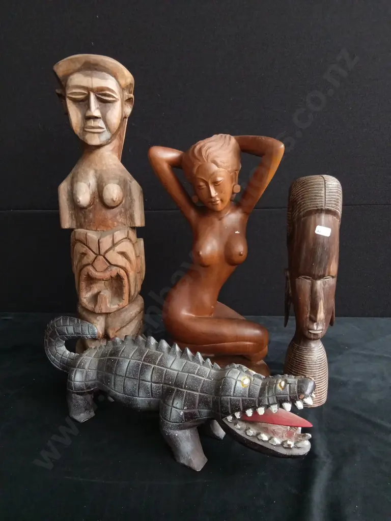 4 PIECES HAND CARVED WOODEN SCULPTURES ALLIGATOR AND AFRICAN FIGURE Image 1++