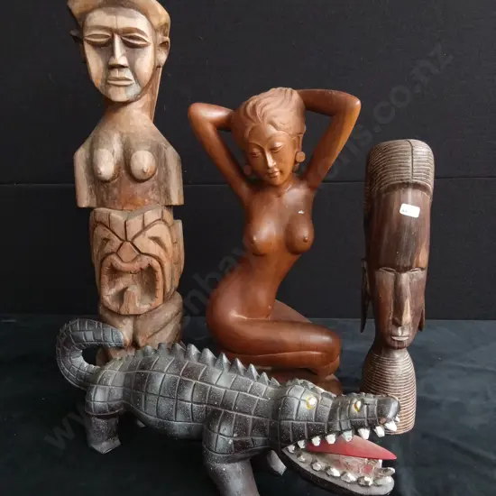 4 PIECES HAND CARVED WOODEN SCULPTURES ALLIGATOR AND AFRICAN FIGURE