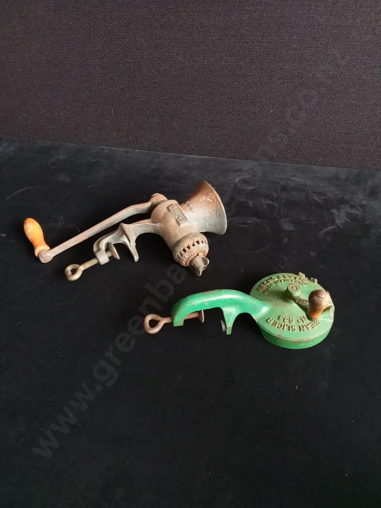2 PIECES VINTAGE MEAT GRINDER AND VEGETABLE SLICER Image 1++