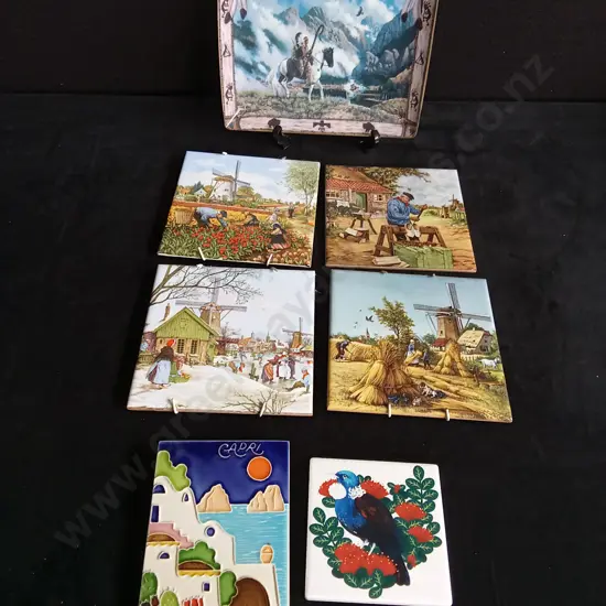 7 PIECES DECORATIVE PLATES AND CERAMIC TILES