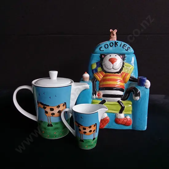 3 PIECES COOKIE JAR, CUP AND JUG