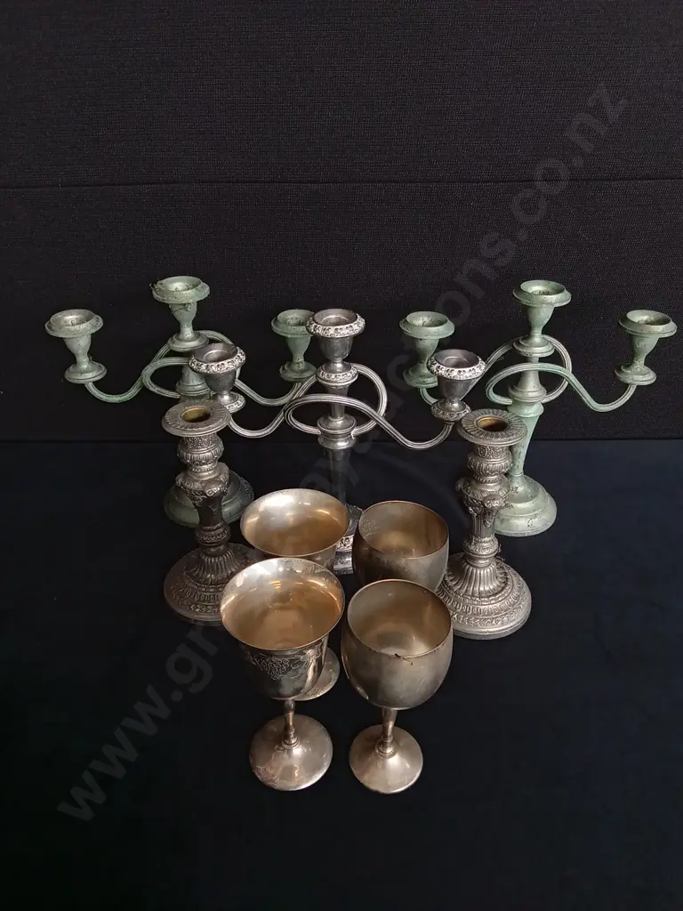 9 PIECES BRASS AND SILVER PLATED CANDELABRAS AND GOBLETS Image 1++