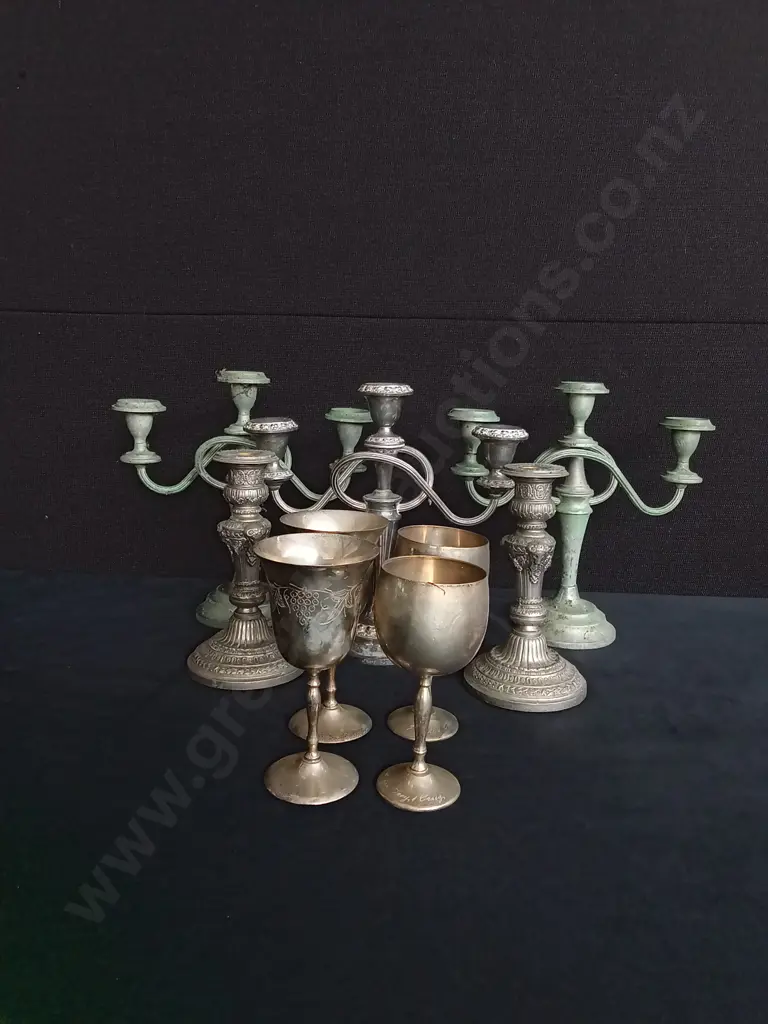 9 PIECES BRASS AND SILVER PLATED CANDELABRAS AND GOBLETS Image 1++