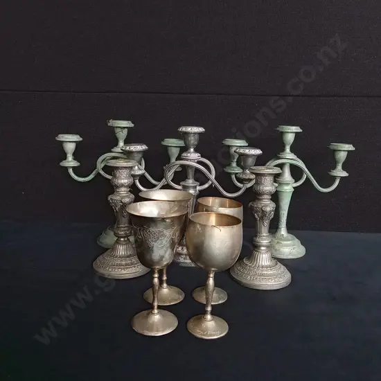 9 PIECES BRASS AND SILVER PLATED CANDELABRAS AND GOBLETS