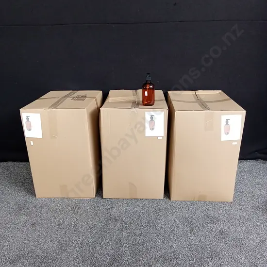 3 BOXES  OF 100 AMBER 500ML BOTTLES AND PUMPS. 300 BOTTLES IN TOTAL