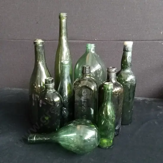 10 PIECES GREEN GLASS BOTTLES